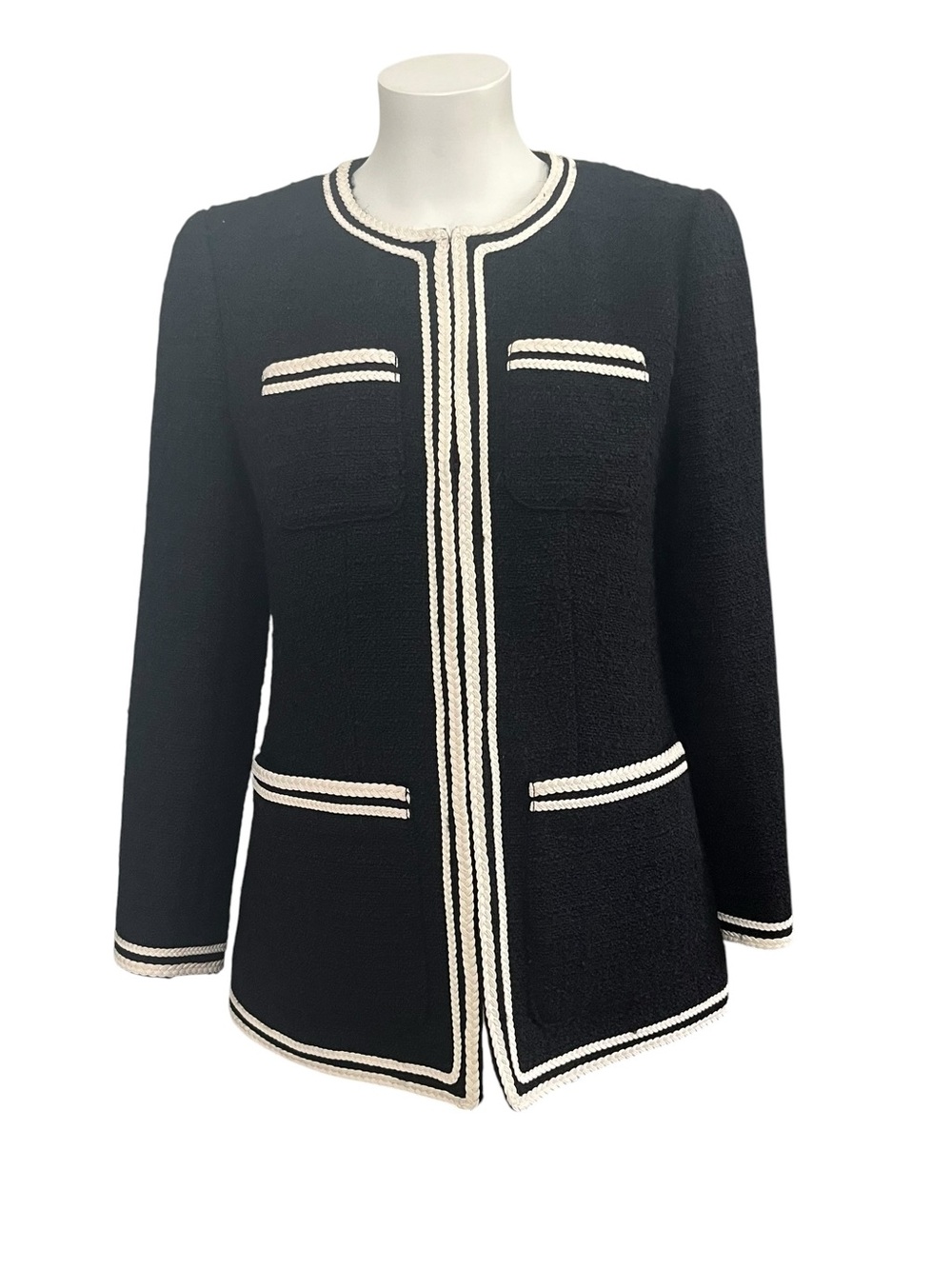 J.Crew Longer Tweed Lady Jacket Black
Contrast Braided Trim Size 0 NWT